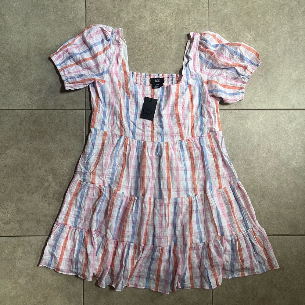 City Chic CCX Pia Tiered Plaid Mini Summer Dress in Pastel Check M/18 NWT